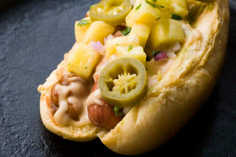 Mexican hot dogs with pineapple salsa and chipotle mayonnaise
