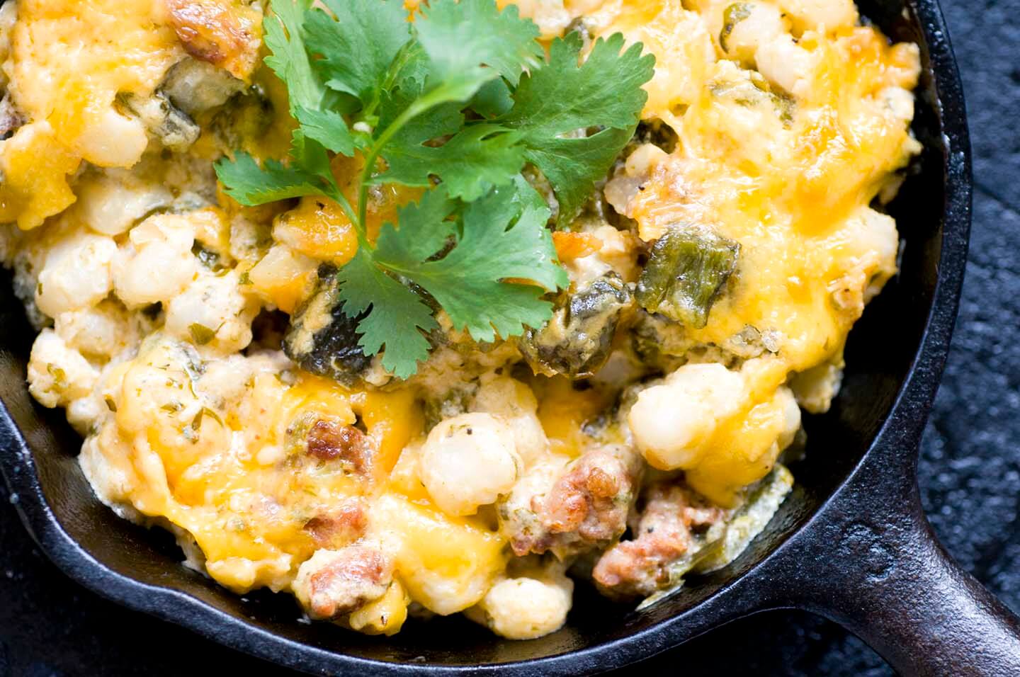 Green chile hominy casserole with chorizo  | Homesick Texan