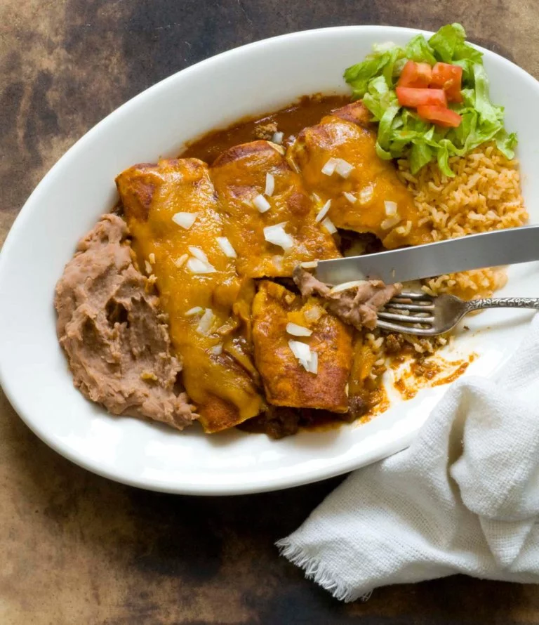 Beef enchiladas with chipotle-pasilla chili gravy