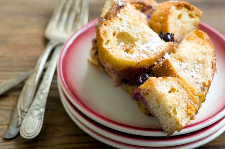 French toast casserole with blueberries and sausage