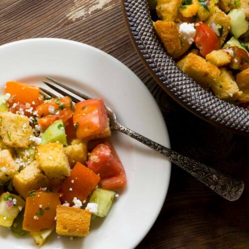 Tomato and cucumber salad with cornbread croutons DSC9028