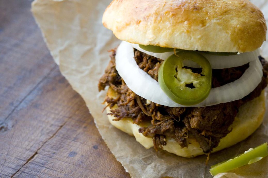 Chopped beef sandwich with a spicy barbecue sauce Homesick Texan
