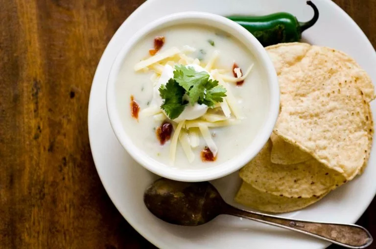 Buttermilk potato soup with bacon and roasted jalapeno