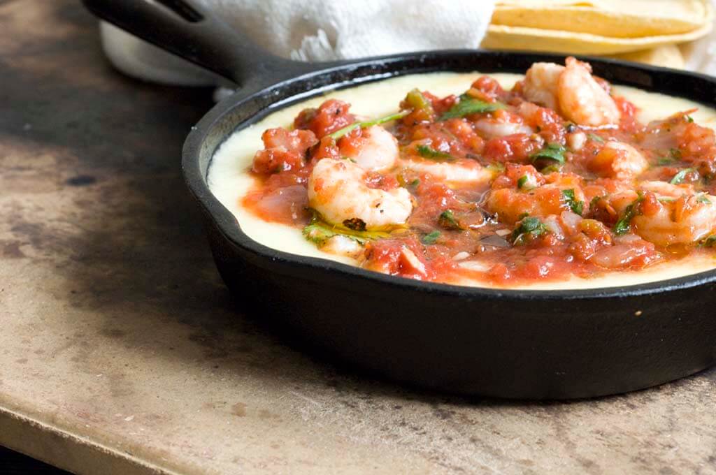 Shrimp queso flameado with ranchera salsa | Homesick Texan