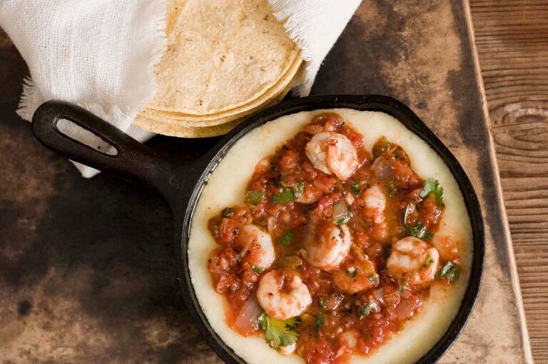 Shrimp queso flameado with ranchera salsa