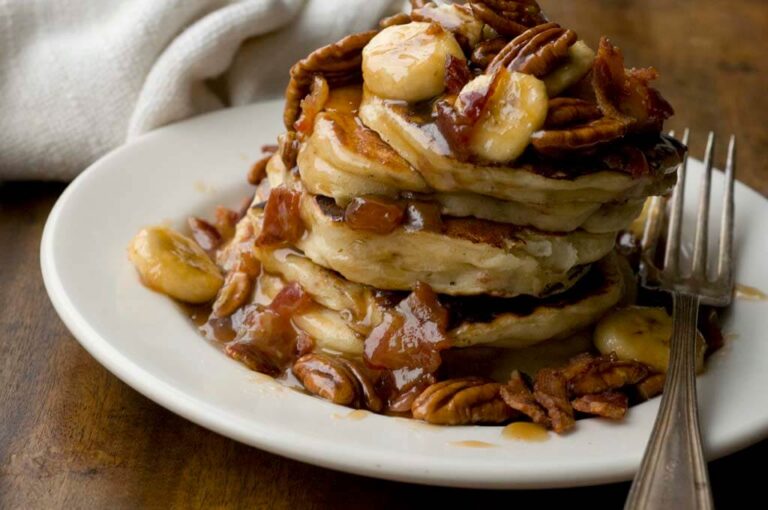 Banana, bacon, and pecan pancakes