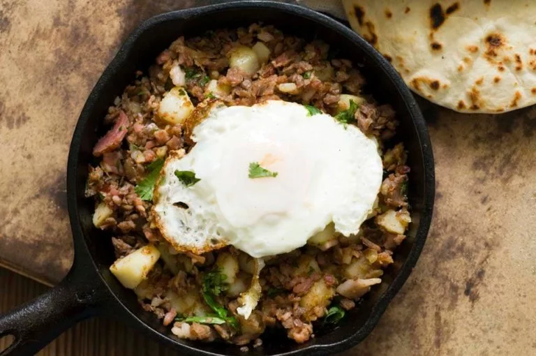 Corned beef hash with chipotle chiles and Irish bacon