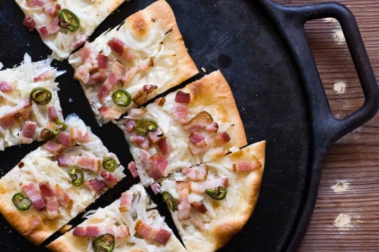 Tarte flambée with bacon and jalapeños