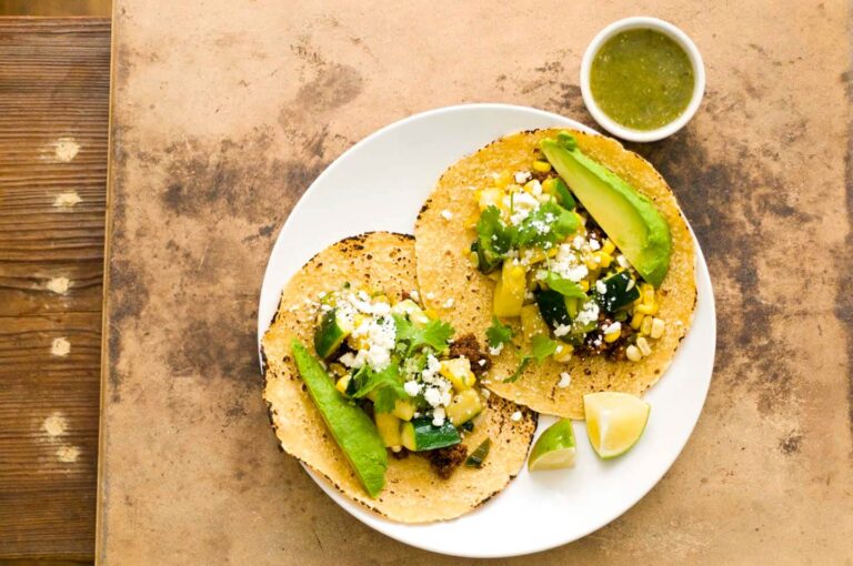 Summer squash, corn, and chorizo tacos