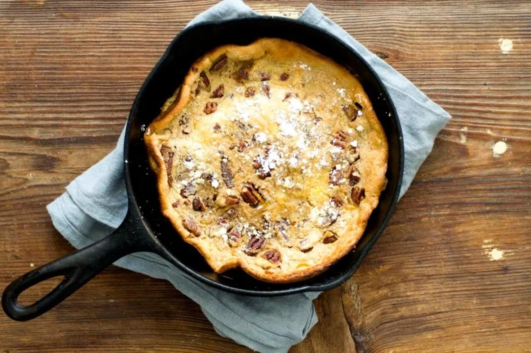Oatmeal Dutch baby pancake with chocolate chips and pecans