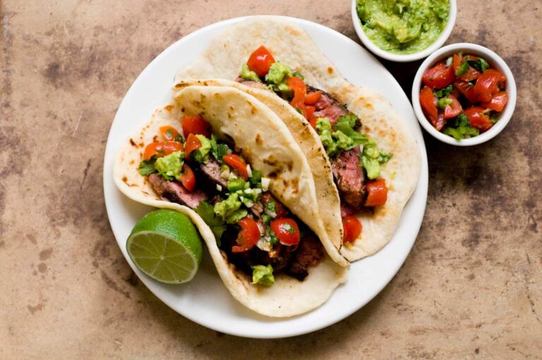 Ancho chile and cocoa-rubbed flank steak tacos